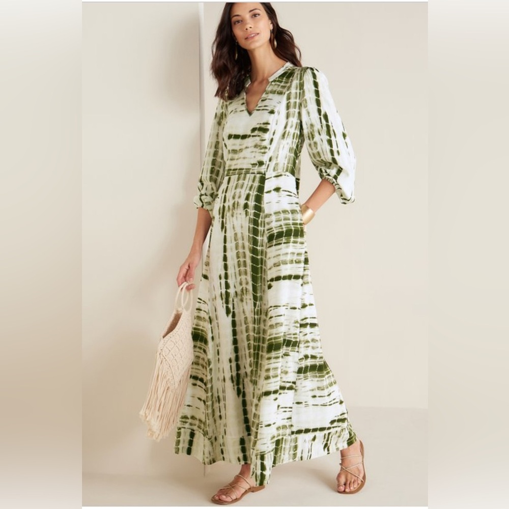 Soft Surroundings Melody Coastal Resortwear Maxi Dress Green Tie Dye Boho L NEW